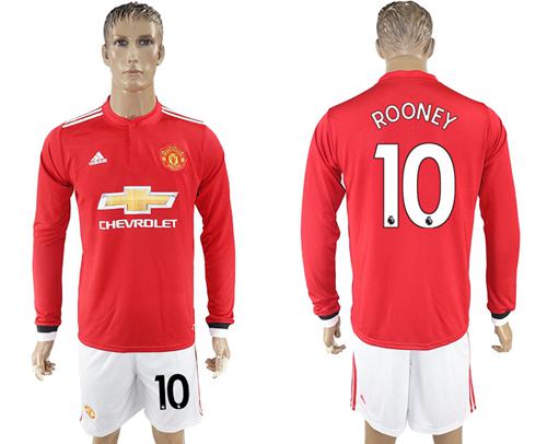 Manchester United #10 Rooney Red Home Long Sleeves Soccer Club Jersey